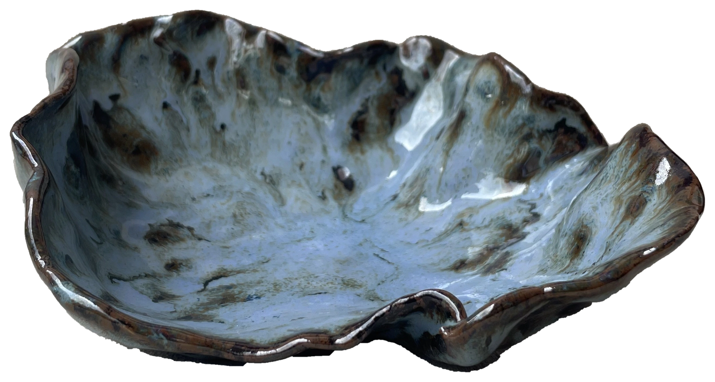 Open blue-grey ceramic bowl with an irregular rim