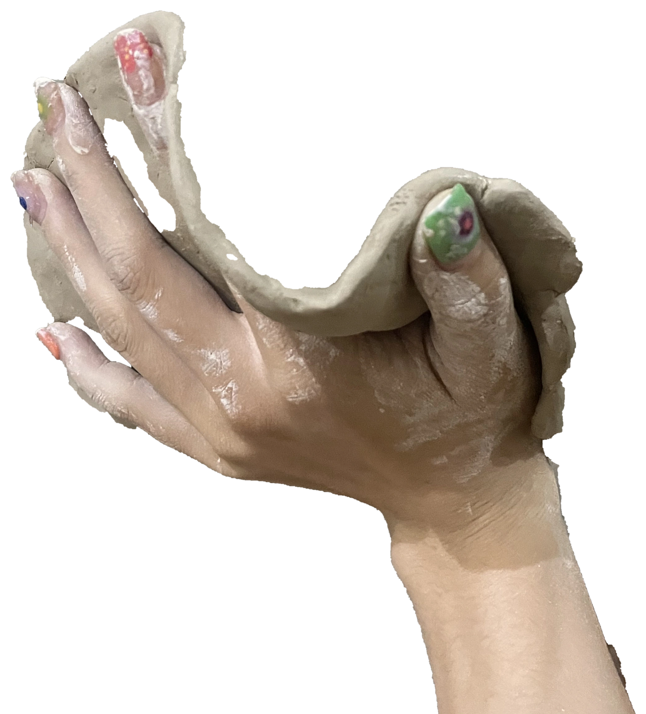 Clay-covered hands holding a pale ceramic vessel
